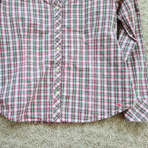 Vineyard Vines Pink & Green Plaid Ruffle Collar Button-Down Shirt Blouse, Sz 4 - Picture 7 of 11